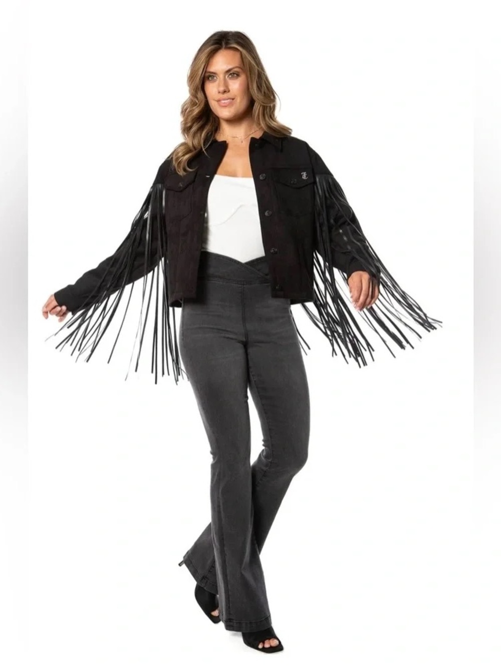 Juicy Couture Black Faux Suede Fringe Trucker Jacket Size Medium
